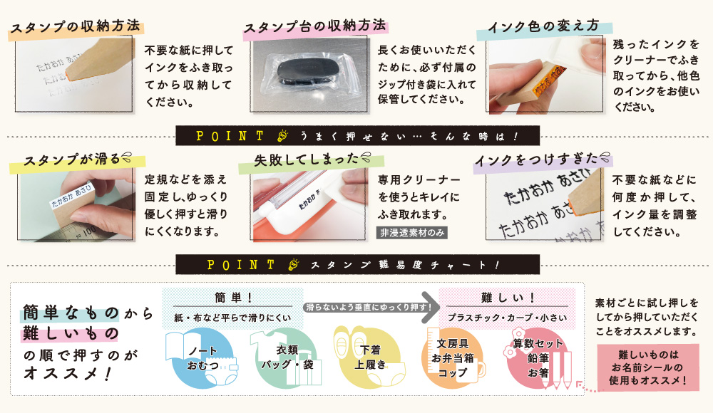 【お名前スタンプの活用TIPS、お名前スタンプをうまく押せないときの対応方法、スタンプ難易度チャート】